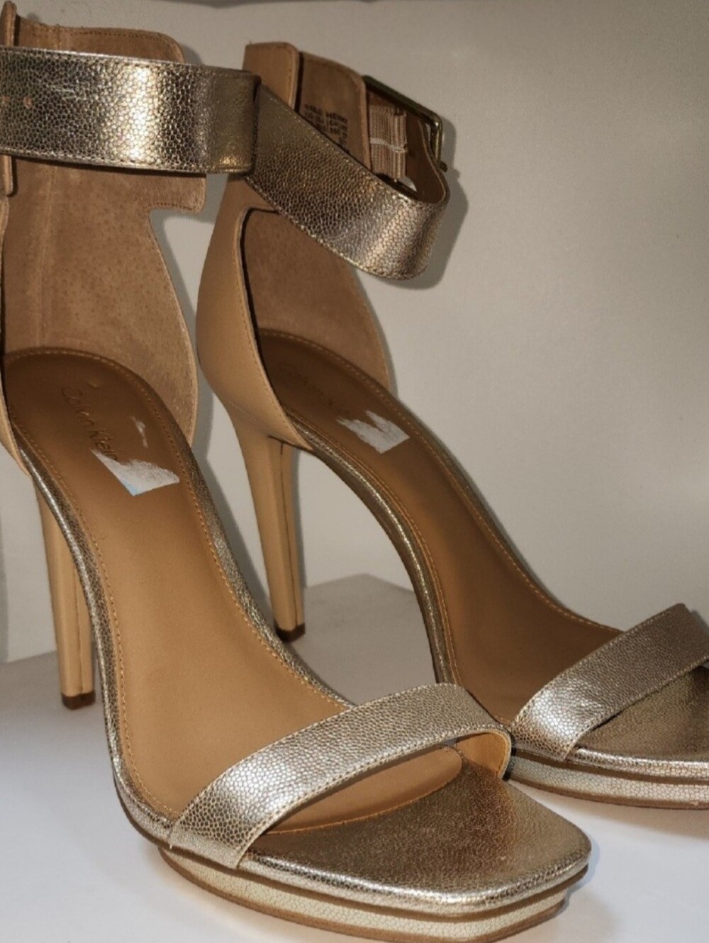 Calvin Klein Size 10 Gold Metallic Ankle-Strap High Heel Sandals